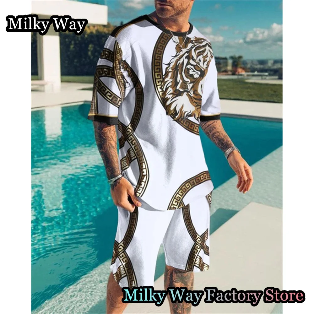 Summer Men's Retro Tracksuit Fashion T-Shirt Shorts Set 2 Pieces Casual Outfit Male Oversized Clothing Vintage Luxury Streetwear