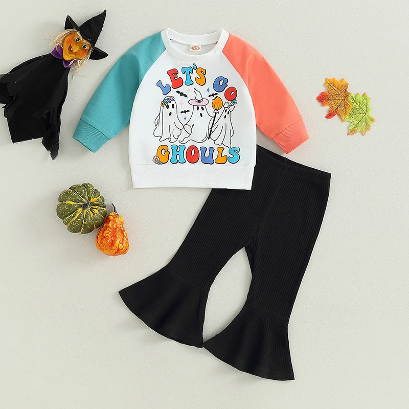 

2023-07-21 Lioraitiin 0-3Years Toddler Baby Girl 2Pcs Halloween Clothes Letter &Ghost Print Long Sleeve Sweatshirt Flare Pants