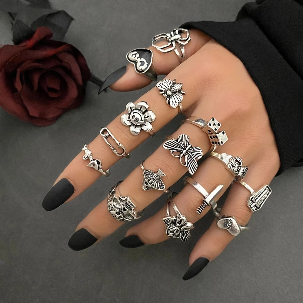 Silver Ring Finger Ring Vintage For Women Men Butterfly Mushroom Angel Cross Skeleton Punk Gothic Ring For Teens Fashion Jewelry