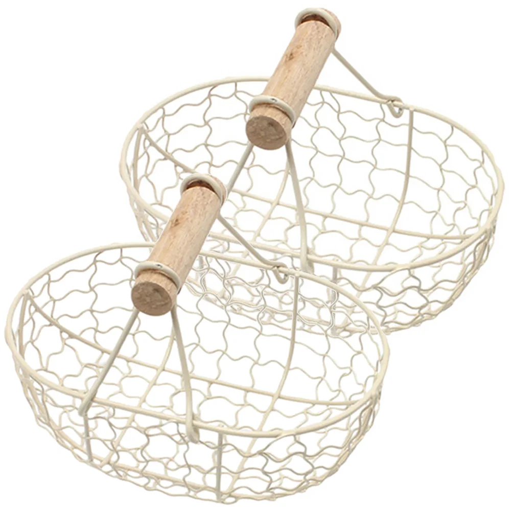 

Metal Wire Storage Basket Hollow Iron Fruit Basket Bread Storage Holder Egg Basket With Wooden Handle For Kitchen