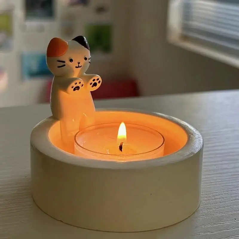 Kitten Candle Holder Cute Grilled Cat Aromatherapy Candle Holder Resin Ornaments Candlestick Holder Decorative Birthday Gifts