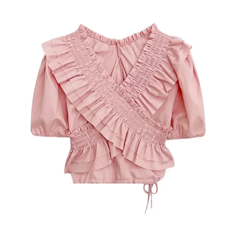 

Sweet French Ruffle Cross V-Neck Design Slim Bubble Sleeve Short Shirt