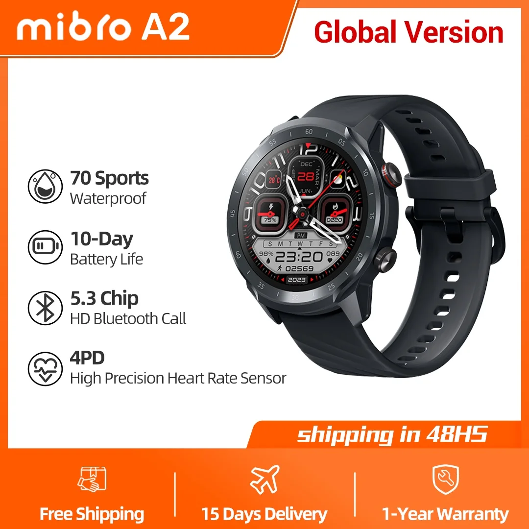 

Умные часы Mibro A2, фитнес-трекер с HD-экраном 1,39 дюйма, водонепроницаемые умные часы 2ATM, пульсометр SpO2, монитор сна, 70 спортивных режимов