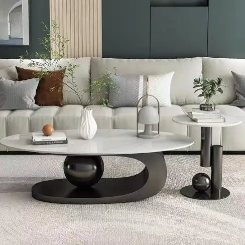 Description Picture 4 of itemModern Marble Effect Coffee Tables Luxury Legs Metal Nordic Oval Side Table White Premium Table Basses De Salon Home Furniture