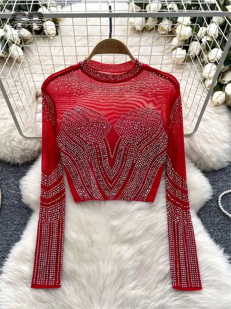 BabYoung Sexy Blink Beading Tops Women Long Sleeves O Neck