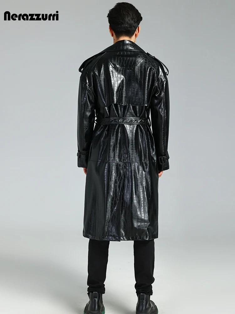 Nerazzurri Autumn Winter Long Black Crocodile Print Pu Leather