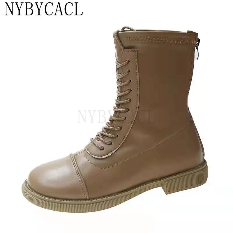 2022 Autumn Winter Women Ankle Boots Shoes Solid Black Beige Lace-up Square Toe Rubber Elegant fashion Low Heels Women Boots New