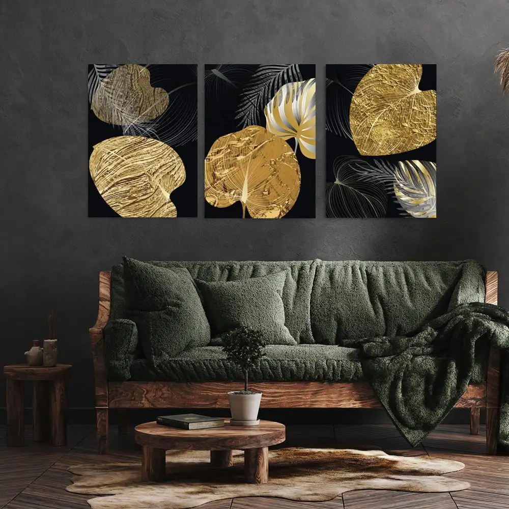 

Черная художественная живопись Tauxed на холсте в скандинавском стиле, украшение для гостиной, картина, черное, Золотое растение, лист, холст, плакат, современный стиль