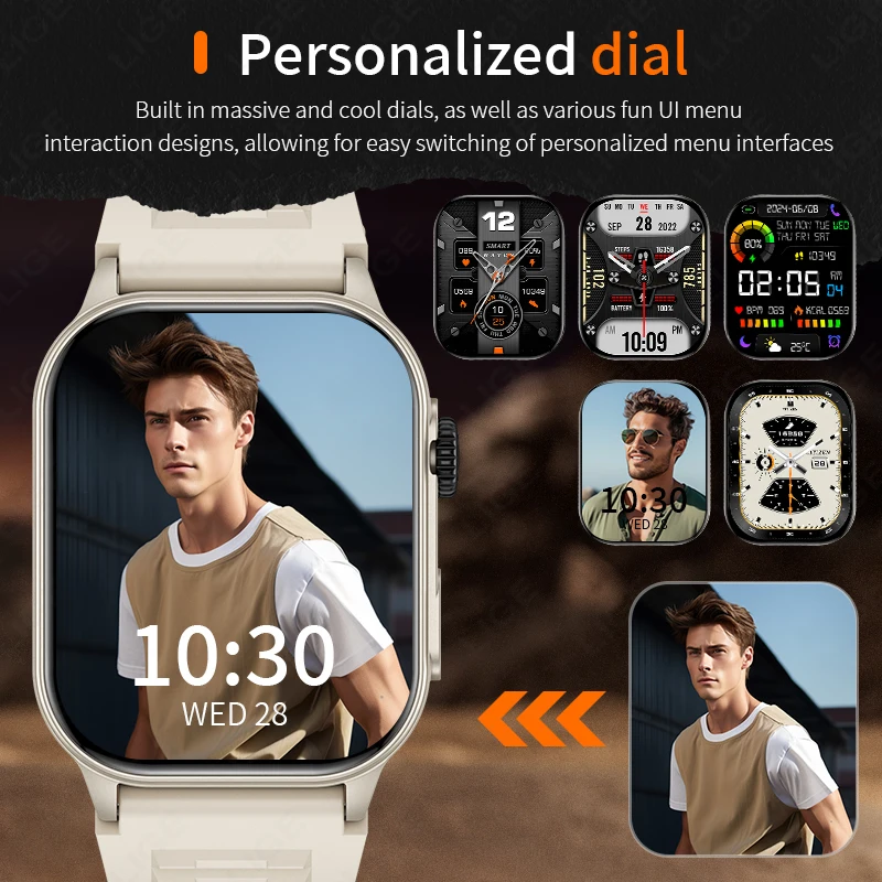 LIGE 2025 New Smart Watch LED Flashlight 2.01" HD Large Screen Bluetooth Call Heart Rate Blood Pressure Outdoor Smartwatch Men