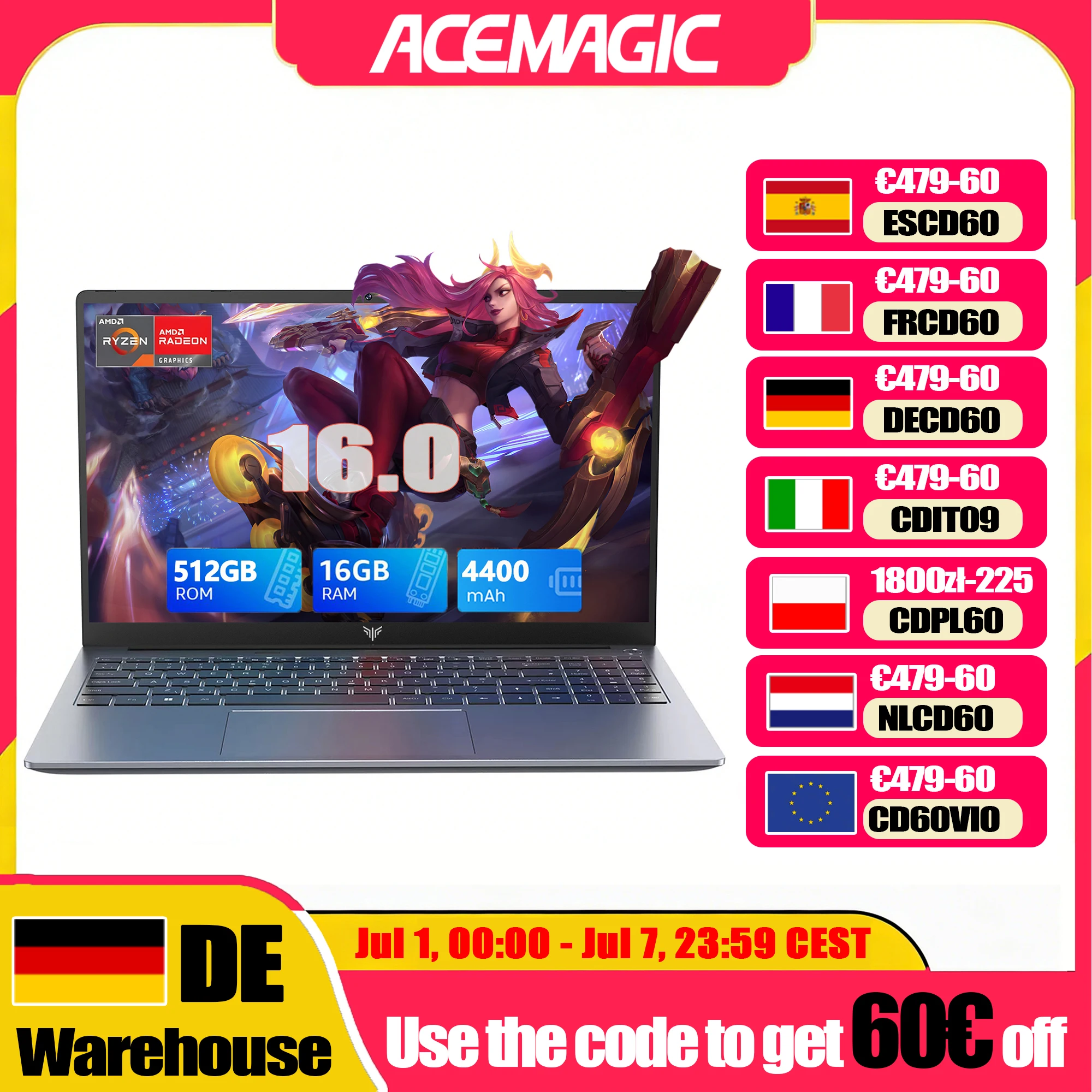 Acemagic RX16 Laptop 16“ Fhd Gaming Laptop Amd Ryzen 9 6900Hx 16Gb Ram 512Gb Ssd Windows 11 Pro Notebook Backlit Kb Wifi6 Bt5.2