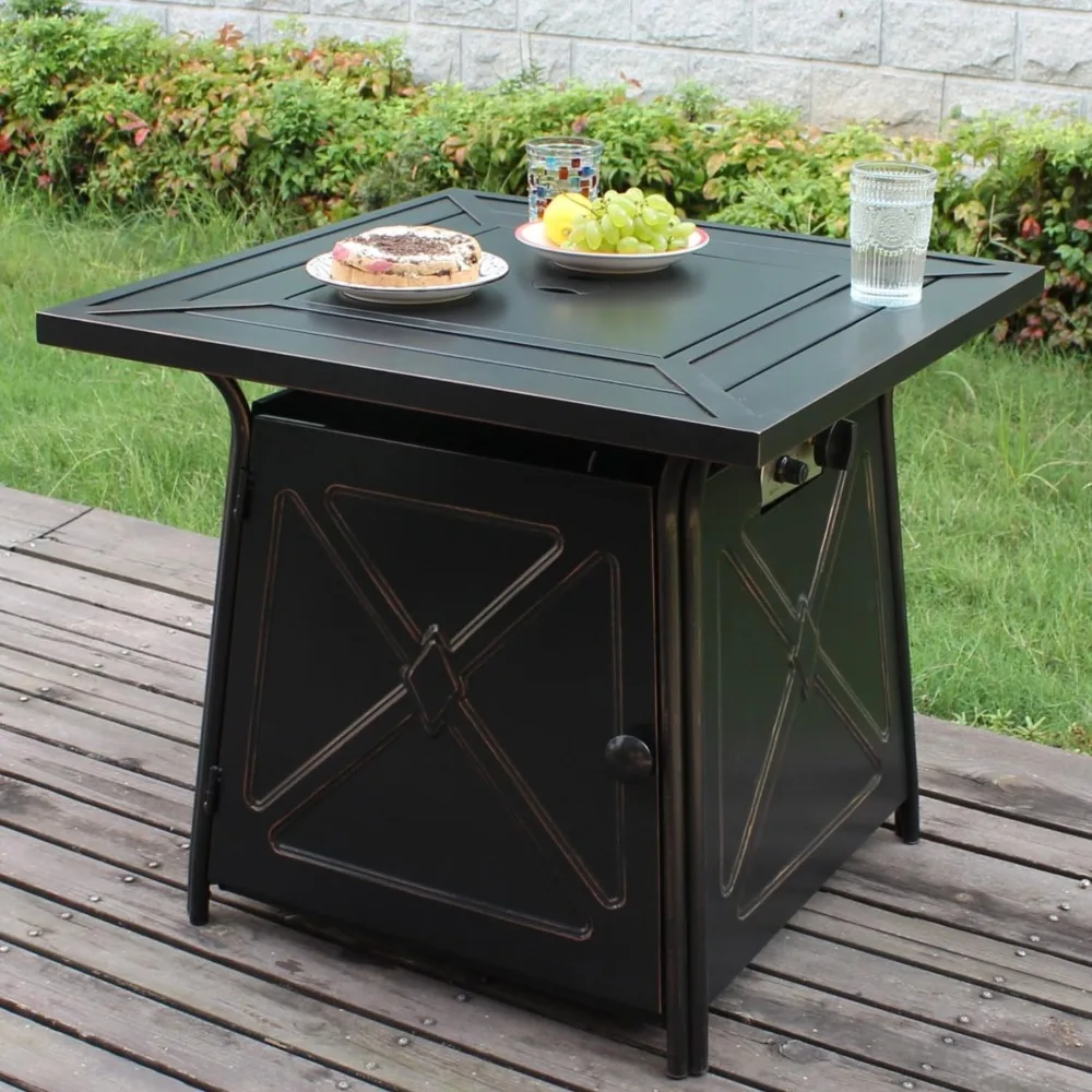 28" Propane Fire Pit Table,Gas Fire Pits Table for Outside,50000 BTU Propane Pit with Lid &Lava Rocks,Gas Firepit for Garde