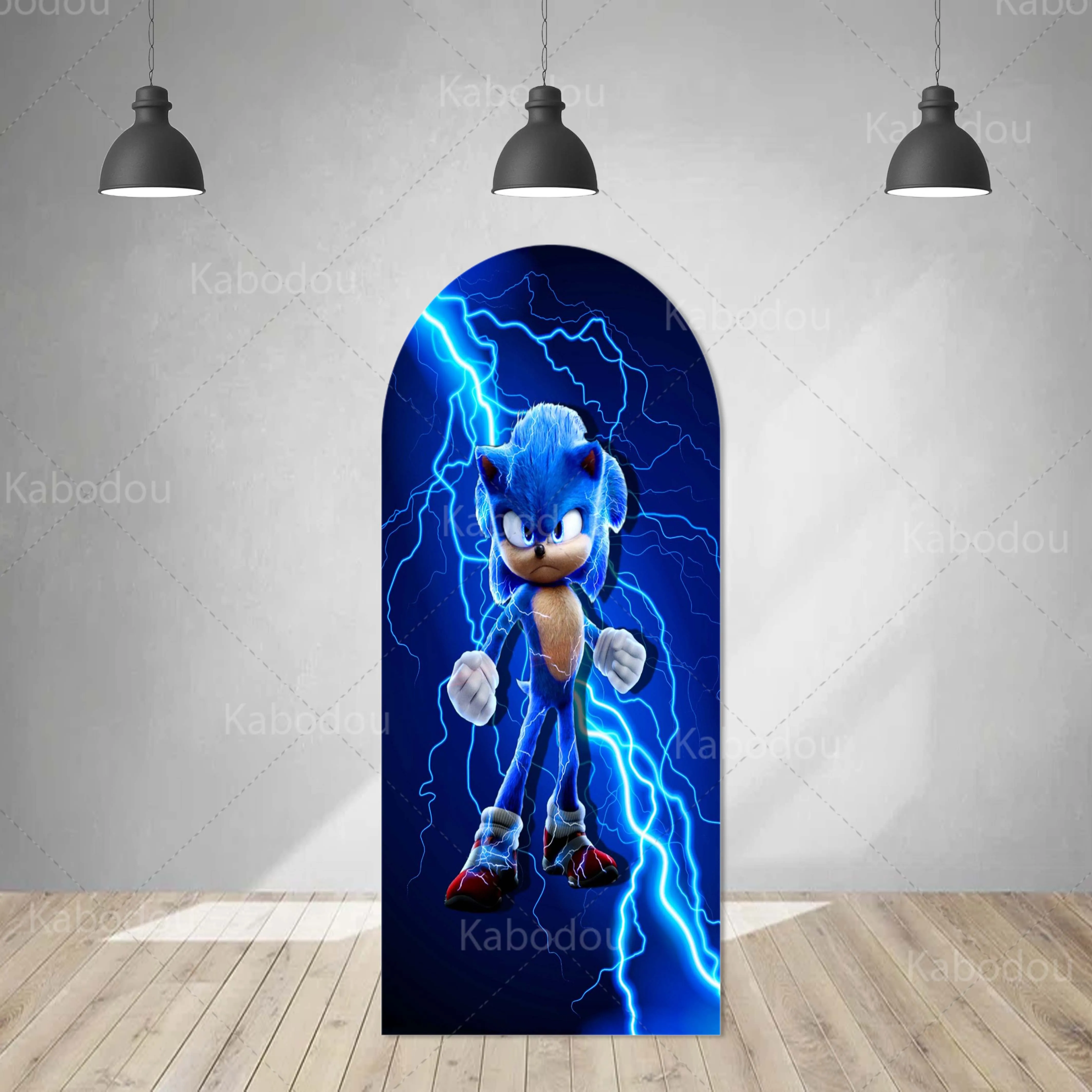 thumbnail image 1 of Fondo de arco de Sonics azul de doble cara para decoración de fiesta de cumpleaños de niños, fondo de fotografía con relámpagos, utilería de estudio de poliéster, 1 of 5