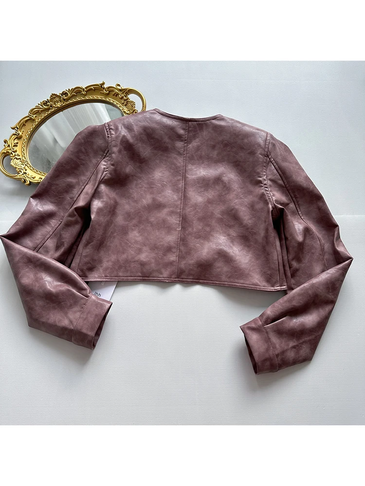 Chic Designer Women's Faux Leather Motorcycle Jacket V-Neck Long Sleeve Spring Fall Short Jacket Coat Trendy Cropped Jacket 2024