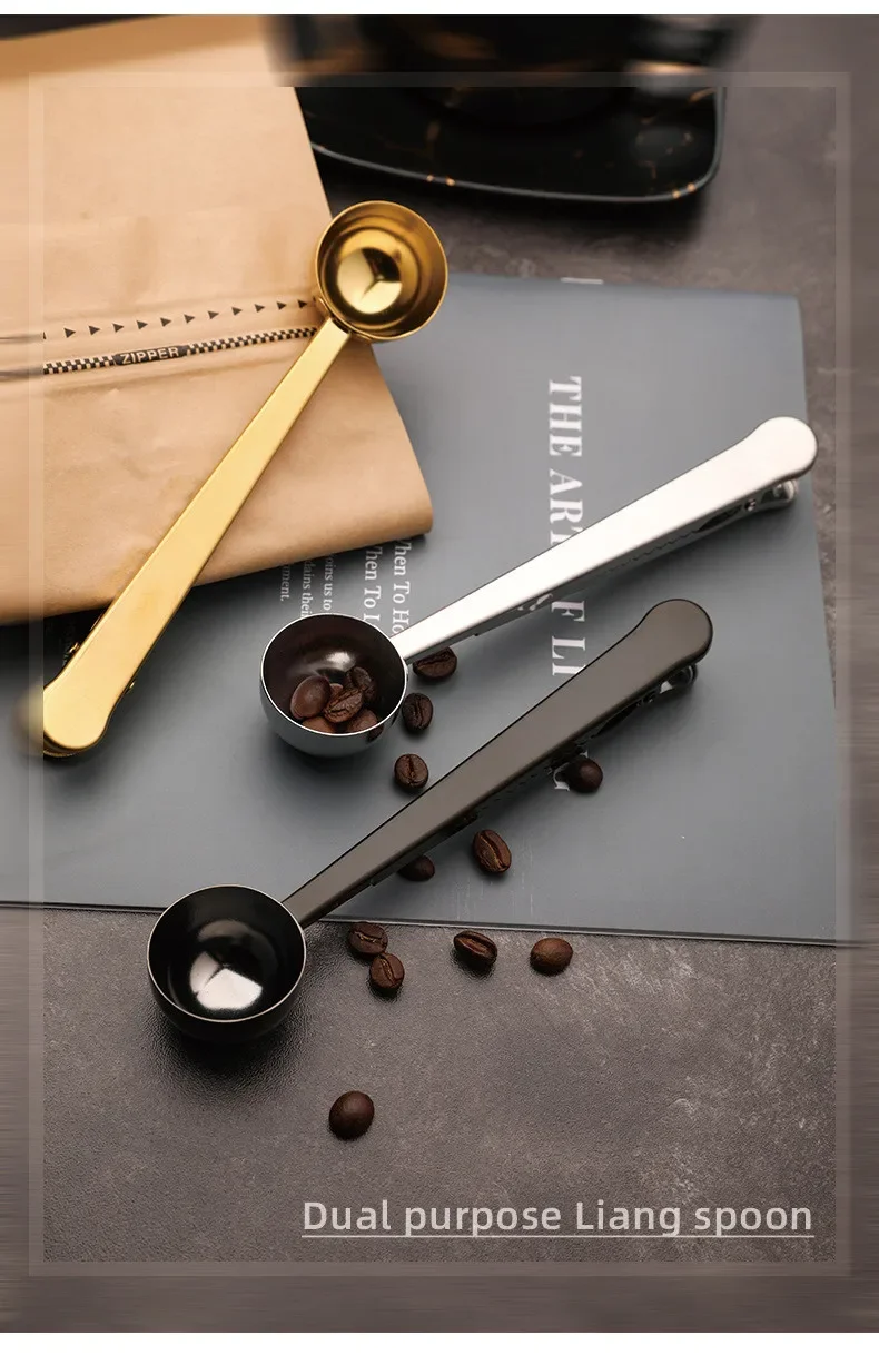Description Picture 6 of itemTwo-in-one Stainless Steel Coffee Spoon Sealing Clip Kitchen Gold Accessories Cafe Expresso Cucharilla Decoration Coffee Scoop