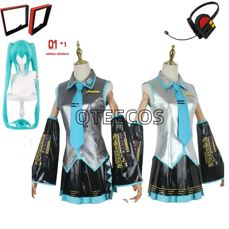 

Anime Vocaloid Miku cosplay costume PU leather midi dress girls Halloween Christmas party full sets with wig