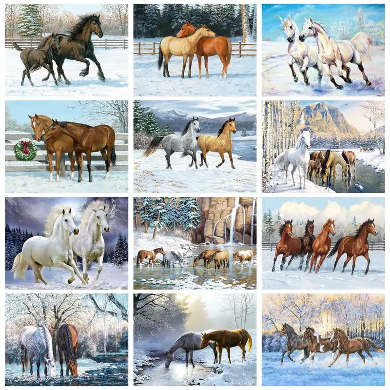 Ruopoty 40X50Cm Schilderij Op Nummer Met Frame Paard Handwerk Foto 'S Op Nummer Huisdecoratie Winterlandschap