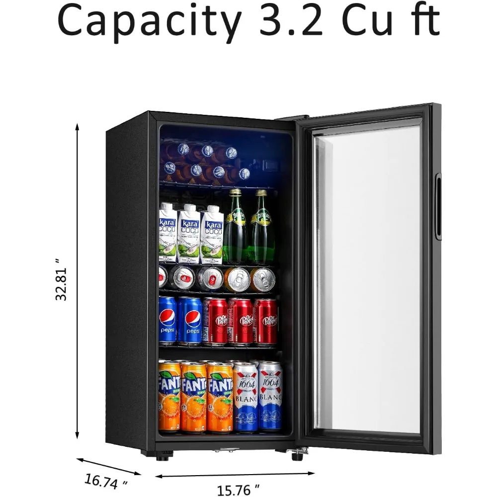 3.2 Cu.ft Mini Fridge with Double Glass Door, Beer or Wine for Home, Office or Bar with Adjustable Removable Shelves