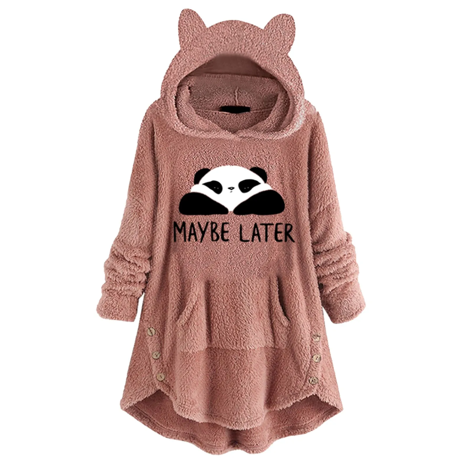 Hoodies Womens Sweatshirt Fleece Funny Cat Printed Kawaii Cap Pullovers Winter Warm Fluffy Hooded Top Button Moletom