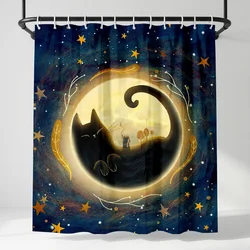 Enchanting Starry Night Black Cat Shower Curtain - Artistic Moonlit Design - 180cmx180cm (D6305011)
