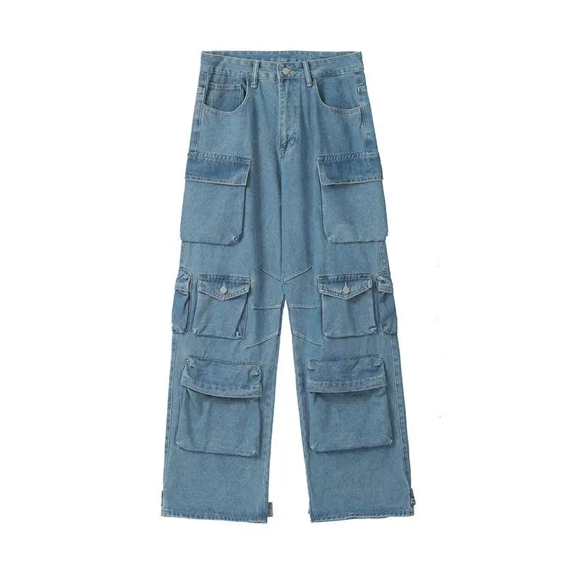 Pocket Solid Color Overalls Jeans Women's  Street Retro Loose Wide-Leg Overalls Couple Casual Joker Mopping Jeans Pants Women