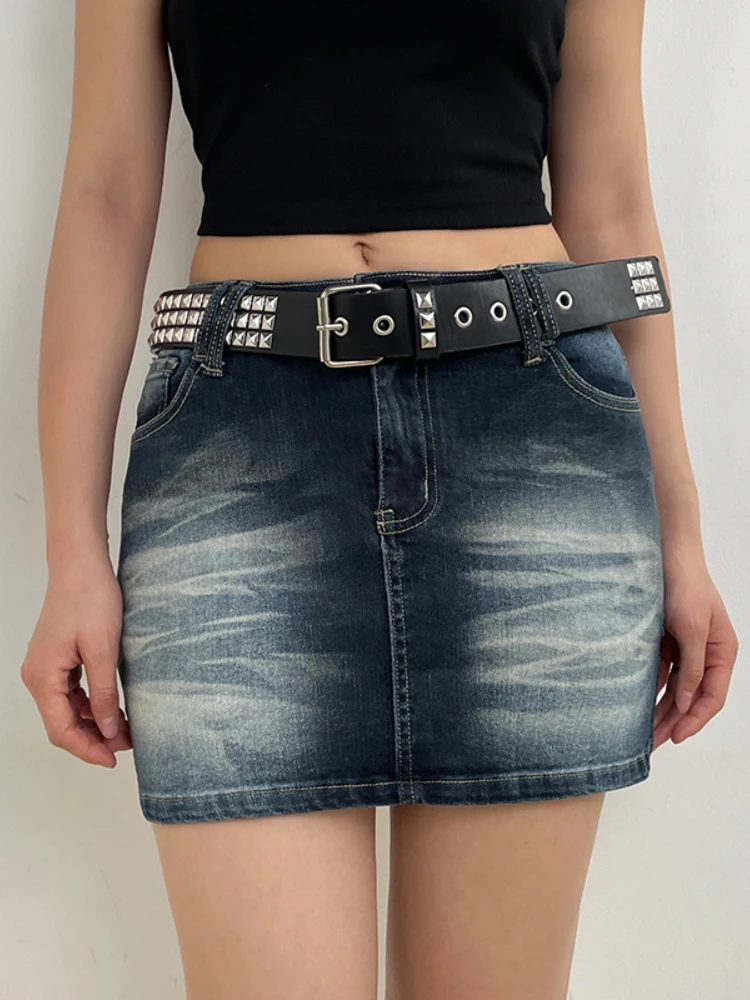 

WeiYao Blue Washed Vintage Y2K Denim Mini Skirt Stitched Pockets Low Waist A Line Summer Skirts Womens Streetwear Bottoms