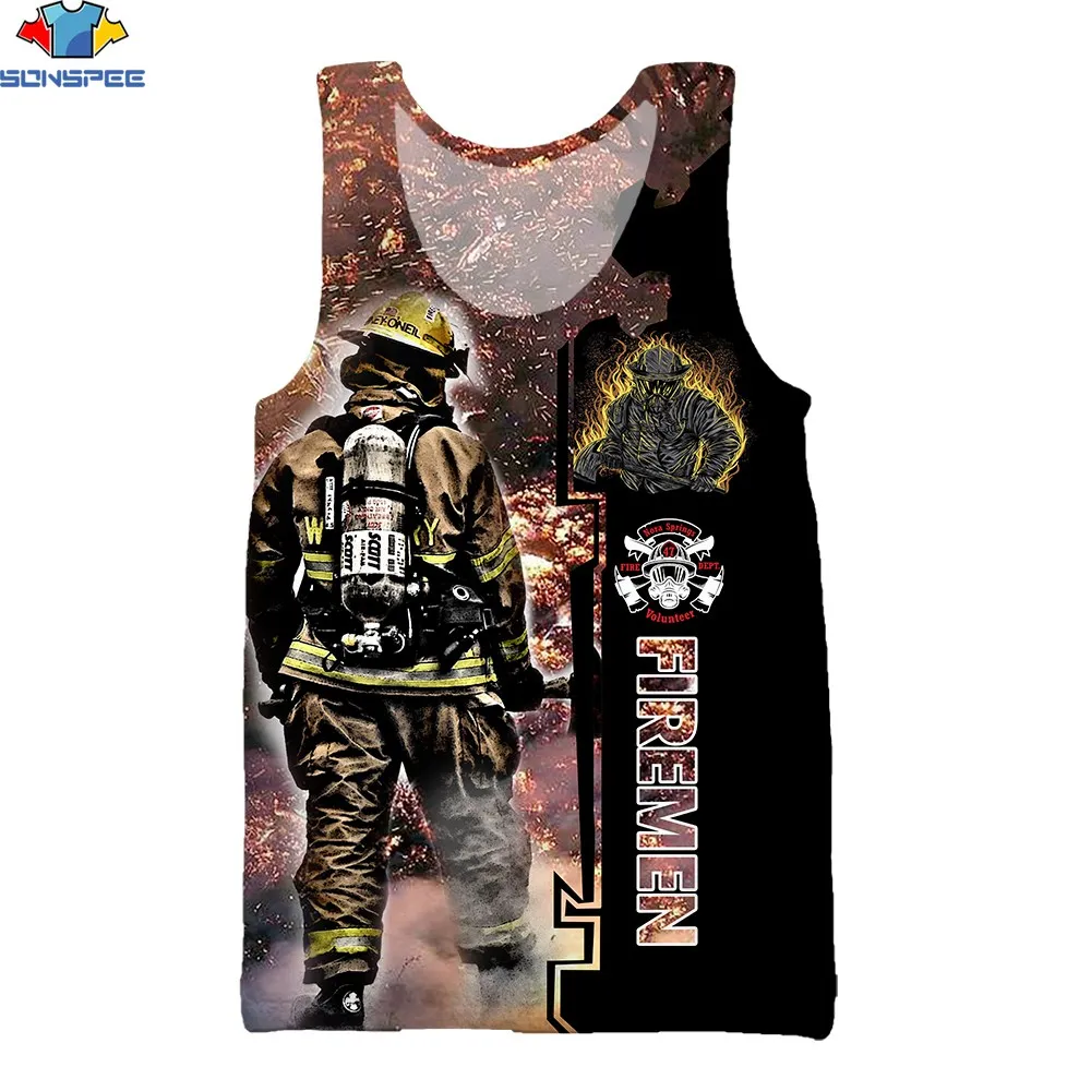 

SONSPEE 3D Print Men's Fitness Vest Firefighter Fire Extinguisher Smoke Sparks Sports Muscle Personality New Sleeveless Tank Top