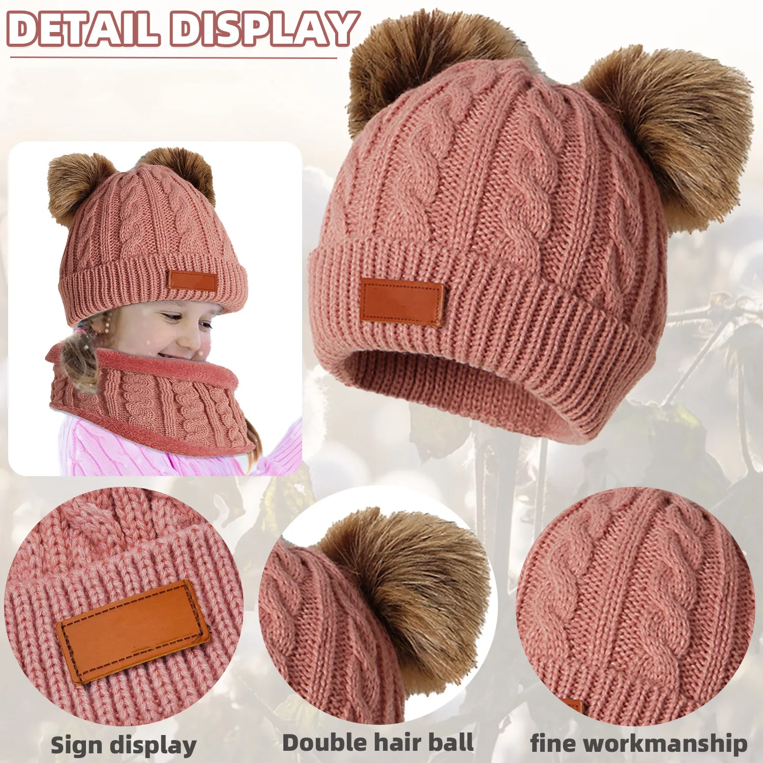 

Three pieces Hat Scarf glovea Set Children's Hats Girls Caps Fake Ball Pompon Keep Warm Winter Knitted Kids Bonet Set