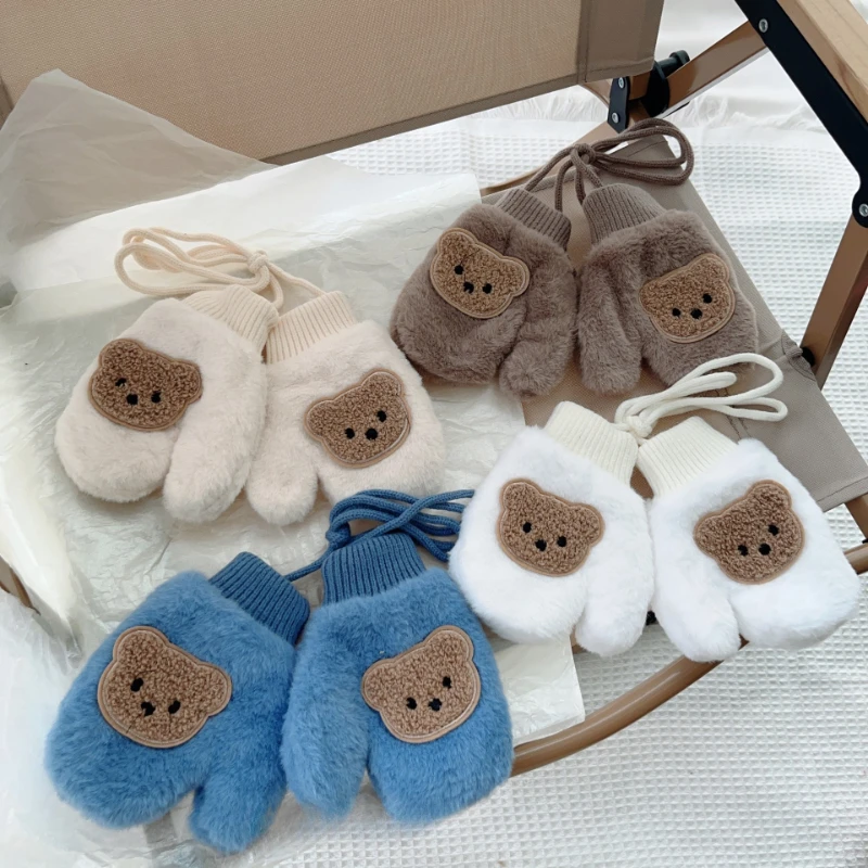 Cartoon Bear Baby Mittens Hanging Neck Warm Mittens Autumn Winter Outdoor Plush Toddler Gloves Plush Warm Baby Girl Boys Gloves