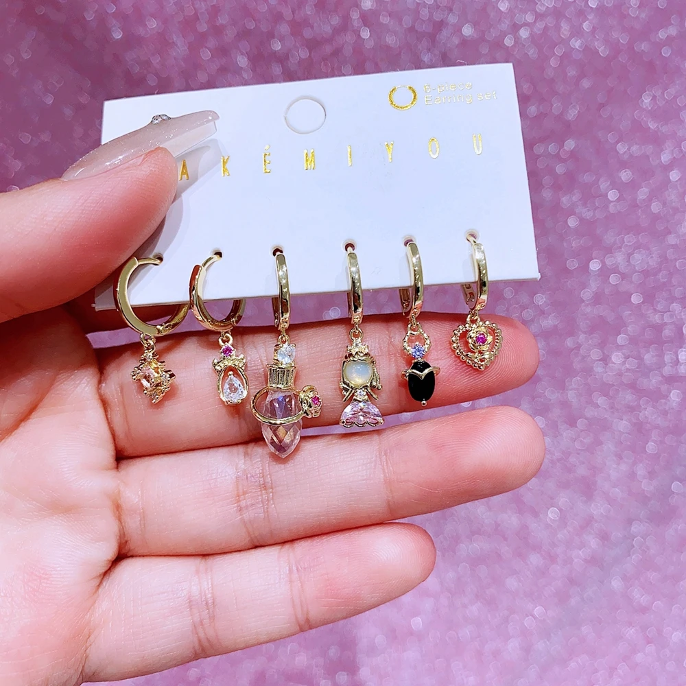 MIGGA 6pcs/set Lovely Fairy Princess Dangle Earrings Gold Color Zircon Stone Women Girls Party Jewelry 3