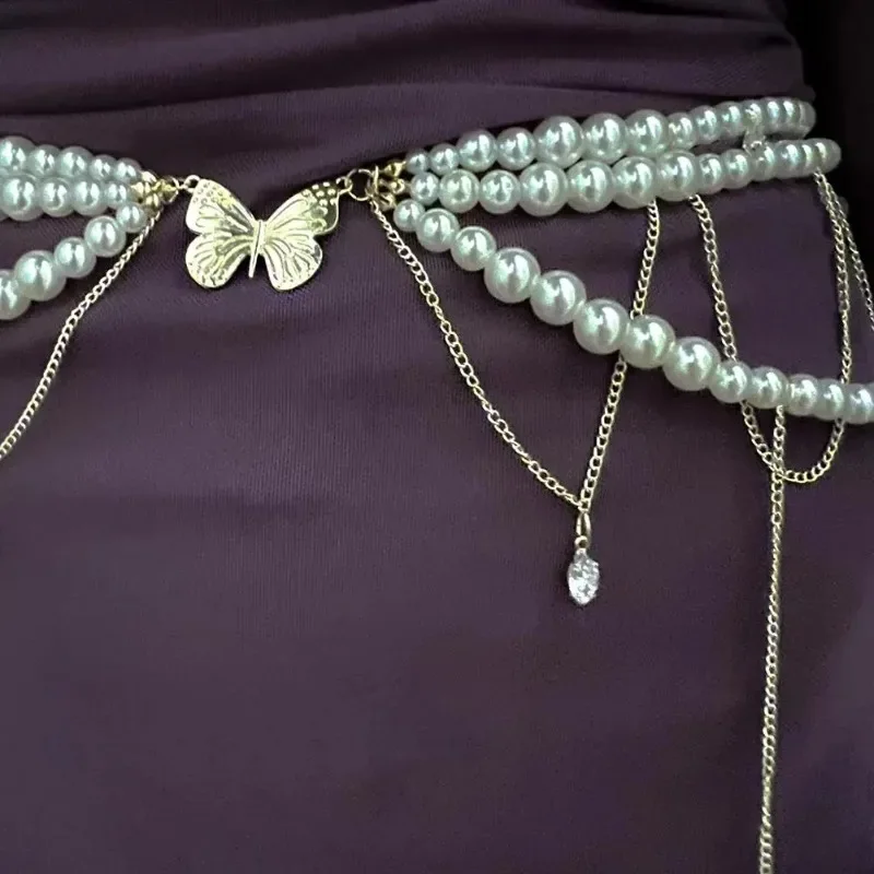 Elegant Multilayer Pearl Waist Chains Waist Accessory Versatile Floral Butterfly Belly Chain Boho Hip Chain Women