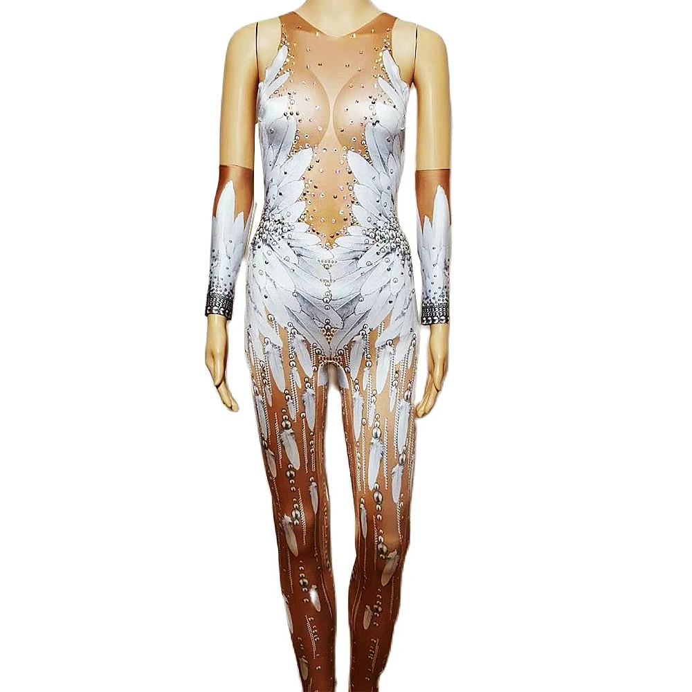 

Shining Rhinestones Feathers Print Headdress Sexy Women Backless Jumpsuits Nightclub Party Wear Stage Singer White Angel Costume