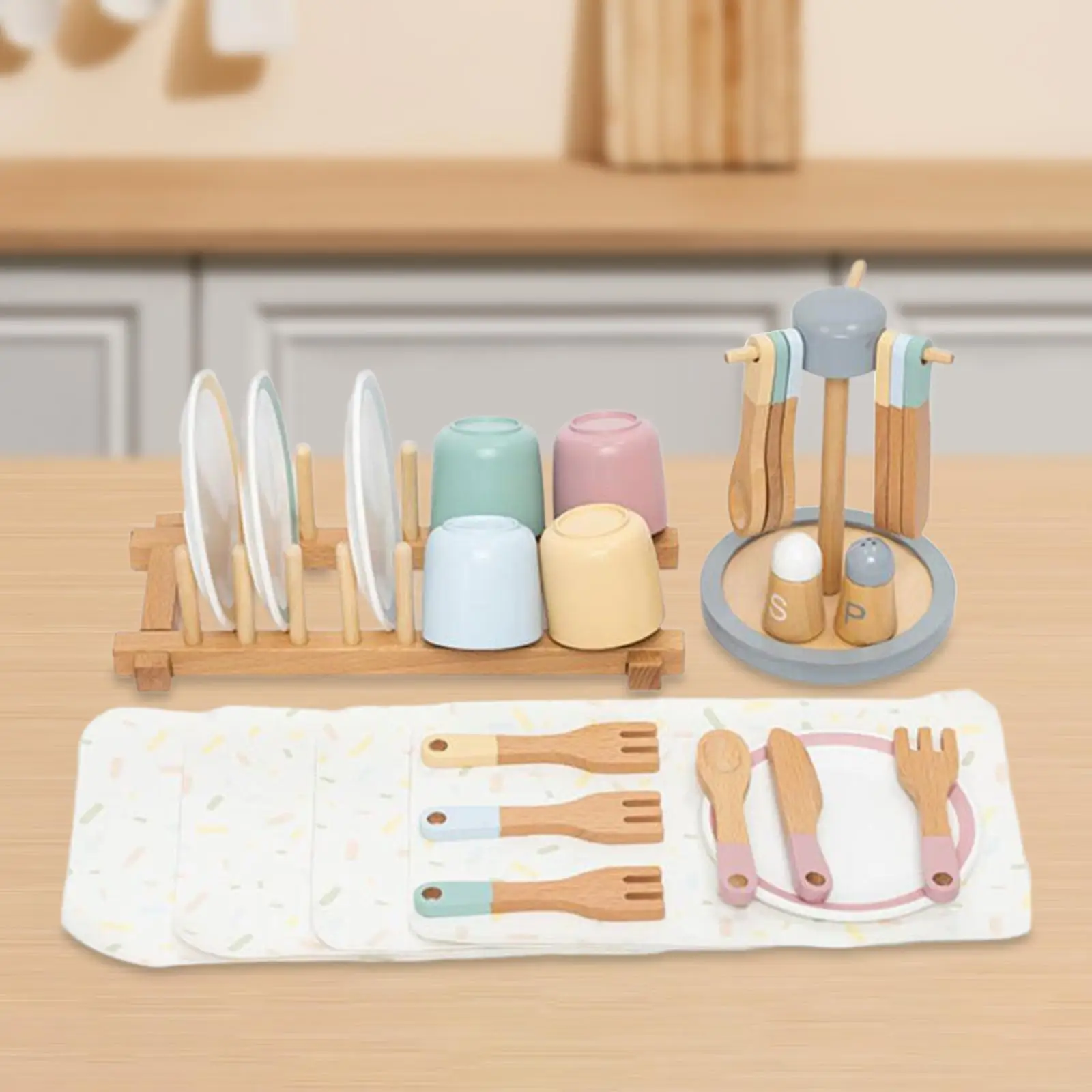 Wooden Toy Plates Dishes Play Cutlery Plate Set Color Matching Cups Wooden Toy Tableware Play Dishes for Kids for Age 3 4 5 6 2