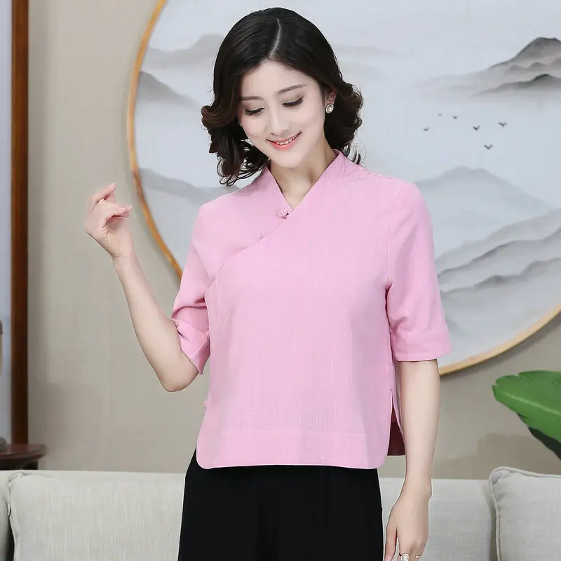New Chinese Style Women Tunic Shirts Pink Green Slanted Placket Design Half Sleeve Linen Top Buddhist Mood Zen Tea Break Clothes