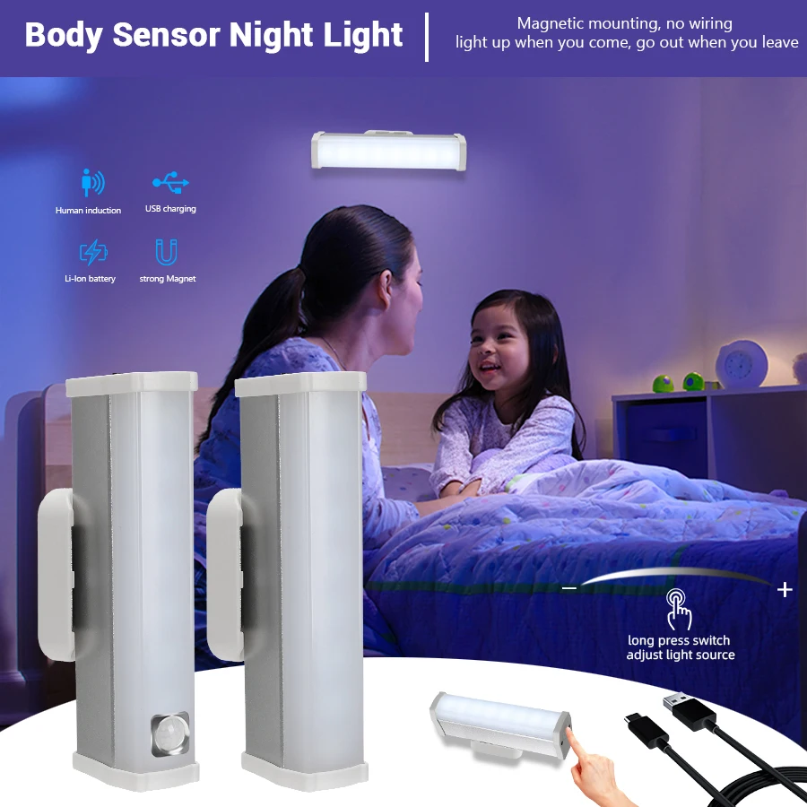 2PC Night Light Motion Sensor Lamp Wireless Under Cabinet Light For Cabinet Bedroom Wardrobe Indoor Lighting USB Night Lantern