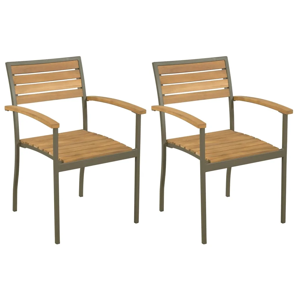 Patio Stackable Outdoor Chairs Deck Porch Furniture Set Balcony Lounge Chair Decor 2 pcs Solid Acacia Wood and Steel