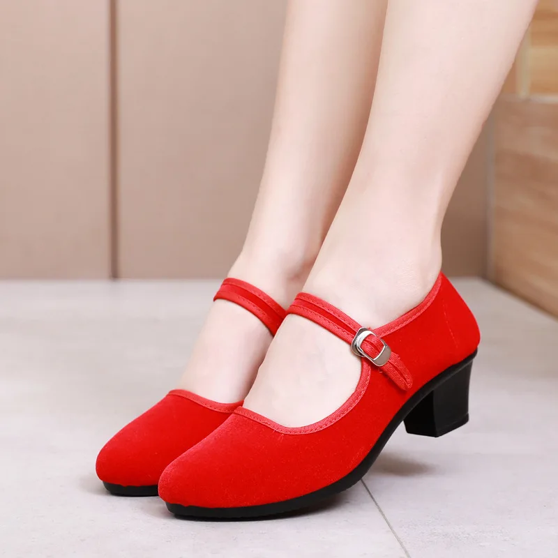 34-40 Women High Heels Shoes Spring Autumn Pumps Platform Old Beijing Cloth Shoe Casual Zapatos Buckle Strap Solid Work Footwear 4