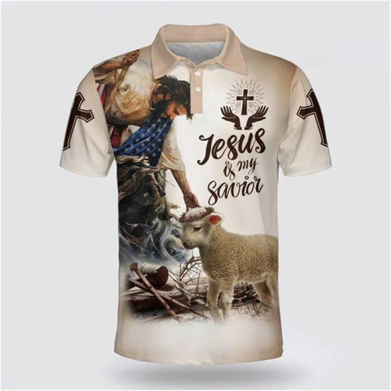 

Рубашка-поло мужская с 3D-принтом Иисуса и Креста, свободная винтажная блуза с короткими рукавами, модная уличная одежда, большие размеры, лето