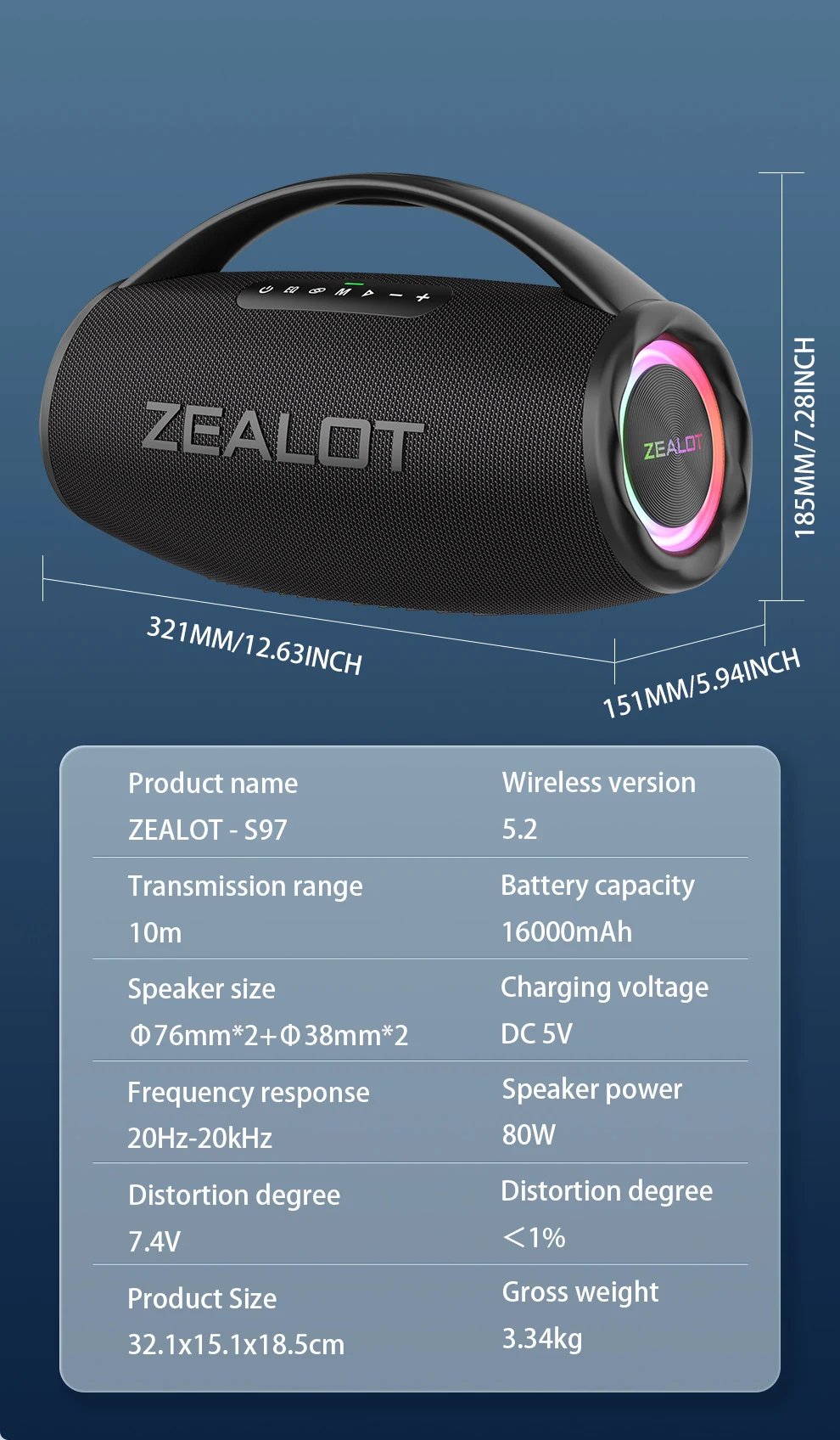 ZEALOT S97 Altavoz Bluetooth portátil de 80W Alto volumen Resistente al agua 16000mAh Subwoofer TWS inalámbrico Suporrt USB/TF/AUX RGB luz.