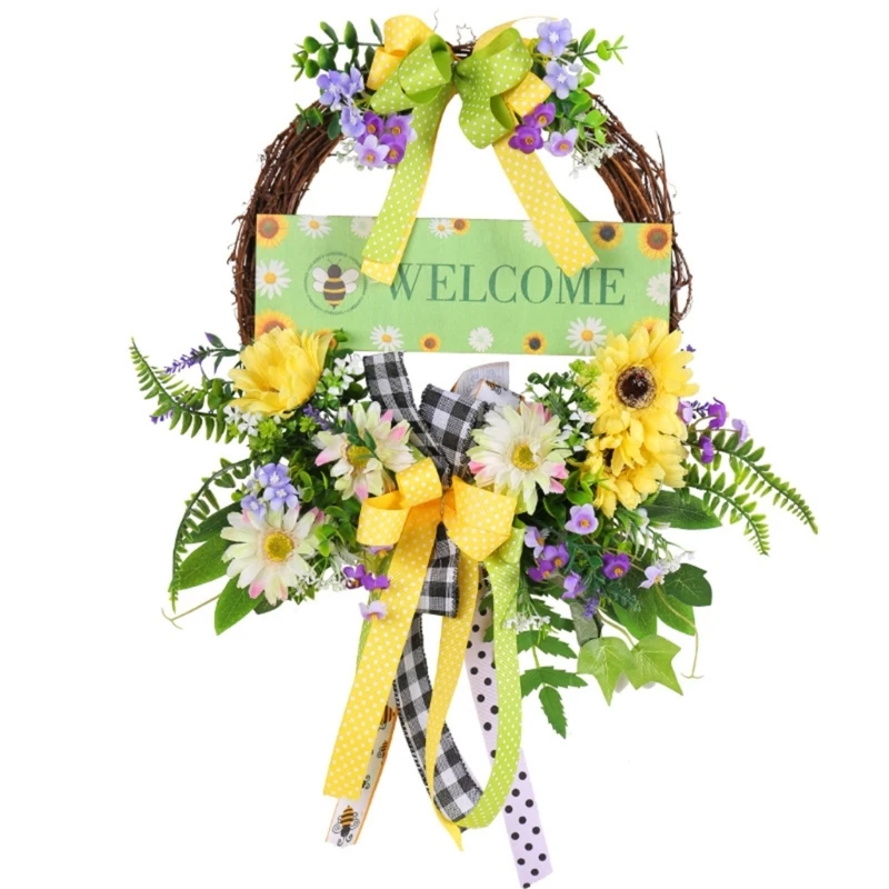 

Spring Wreaths for Front Door Porch Hanging Wreath with Welcome Sign, Artificial Natural Rattan Decor for Indoor Outdoor