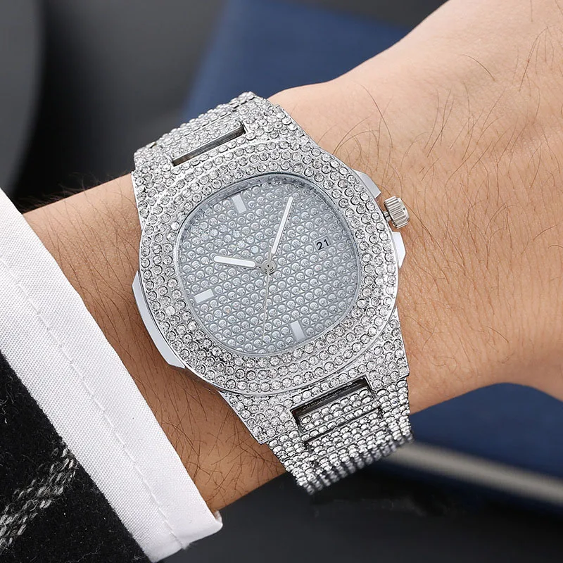 Luxury Cool Shiny Rhinestones Men Hip Hop Watch Clock Iced Out