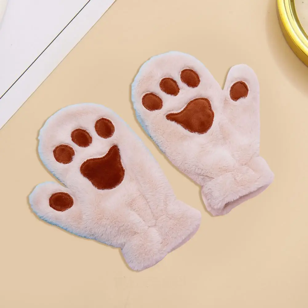Pattern Gloves Warm Cozy Cartoon Cat Paw Mittens for Women Thick Plush Winter Gloves with Anti-slip Grip for Skiing Cycling Warm