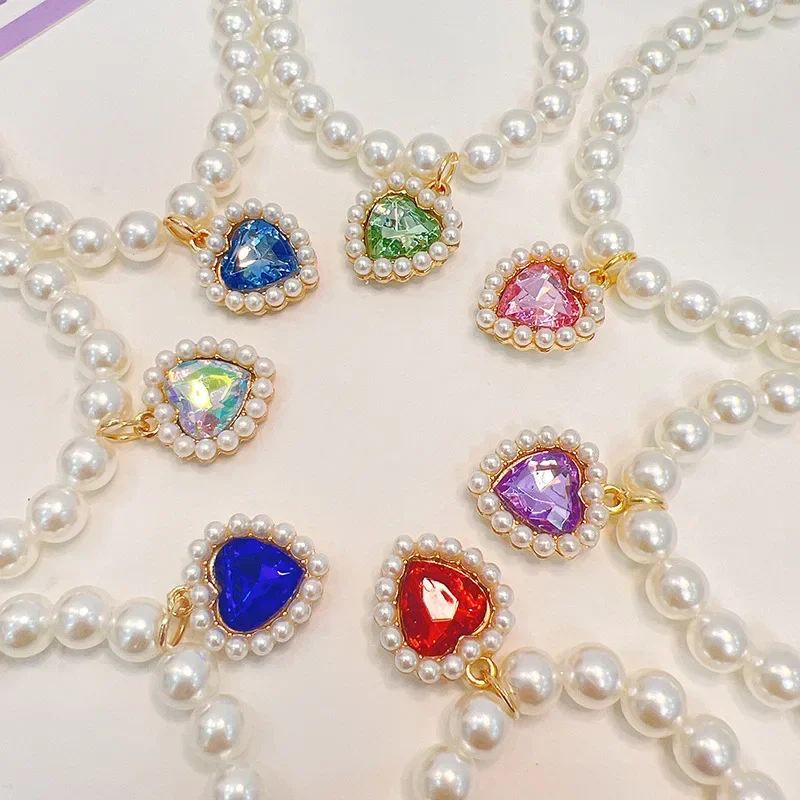 

Pet Pearl Collar Cat Necklace Pendant Pink Heart Shape Crystal Pet Accessories Elegant Princess Dog Collar Cute Sweet Decoration