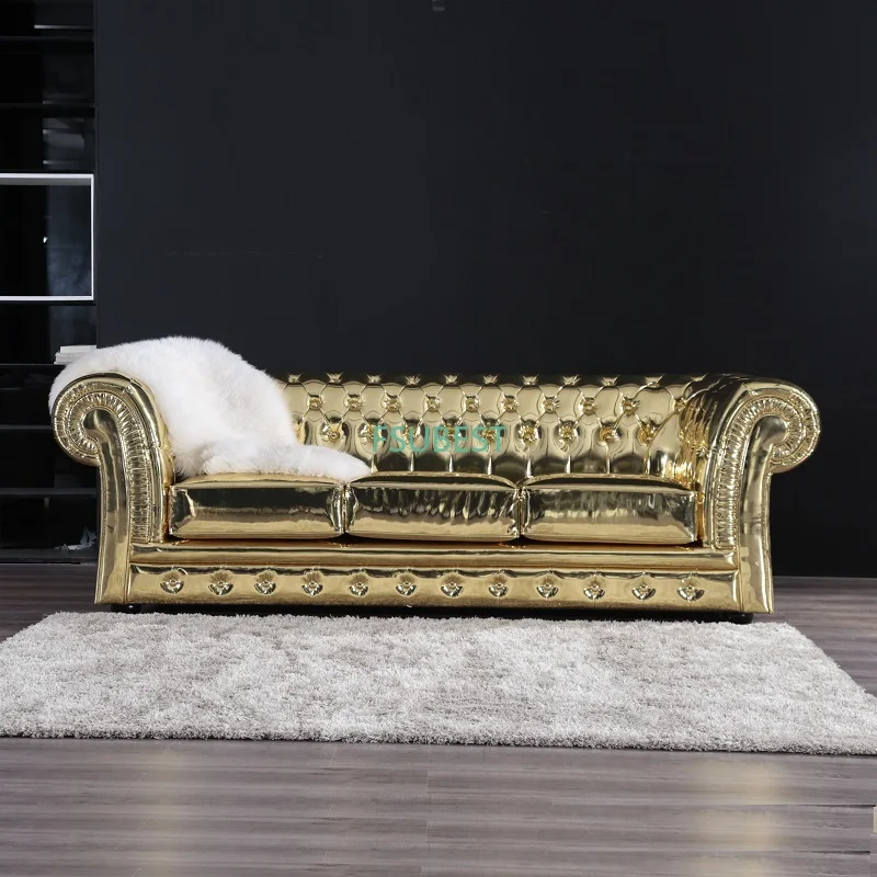 Modern Chesterfield Style Sofa Wooden Living Room Set Designs Gold color Leather Loveseat couch | Мебель