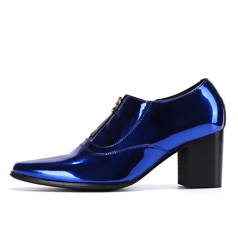 New Fashion Blue Patent Leather Men Formal Dress Shoes Big Size High Heel Party Man Shoes Club Jazz Dancer Thick Heel Ankle Boot