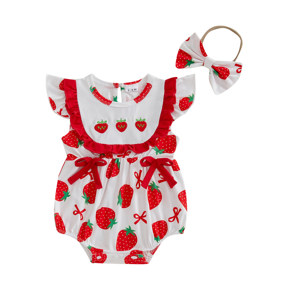 0-18M Newborn Girl Bodysuits Outfits Fly Sleeve Sunflower/Strawberry Print Romper with Bowknot Hairband Summer Baby Clothes