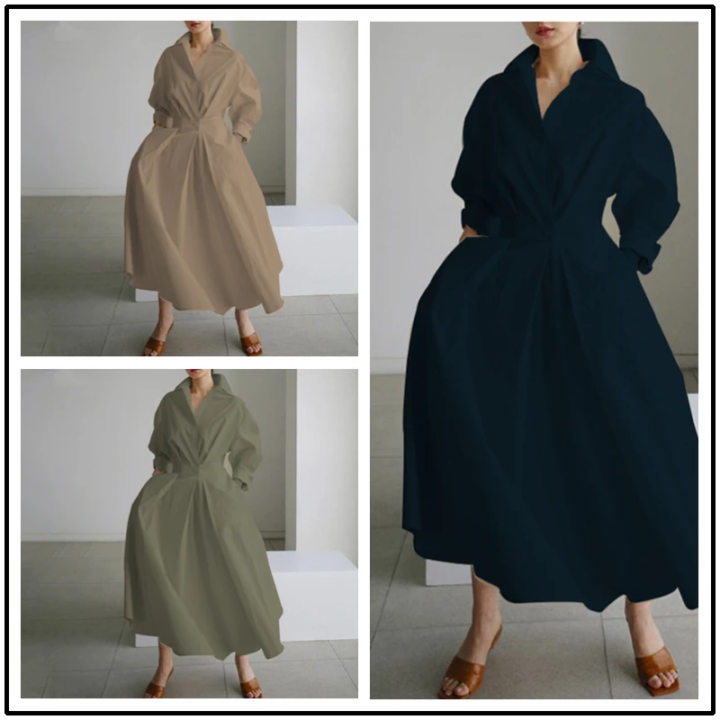 

New Elegant Women Oversized Spring Sundress Fashion Lapel Neck Long Sleeve Lady Solid Long Shirt Dress OL Vestidos Robe Femmel