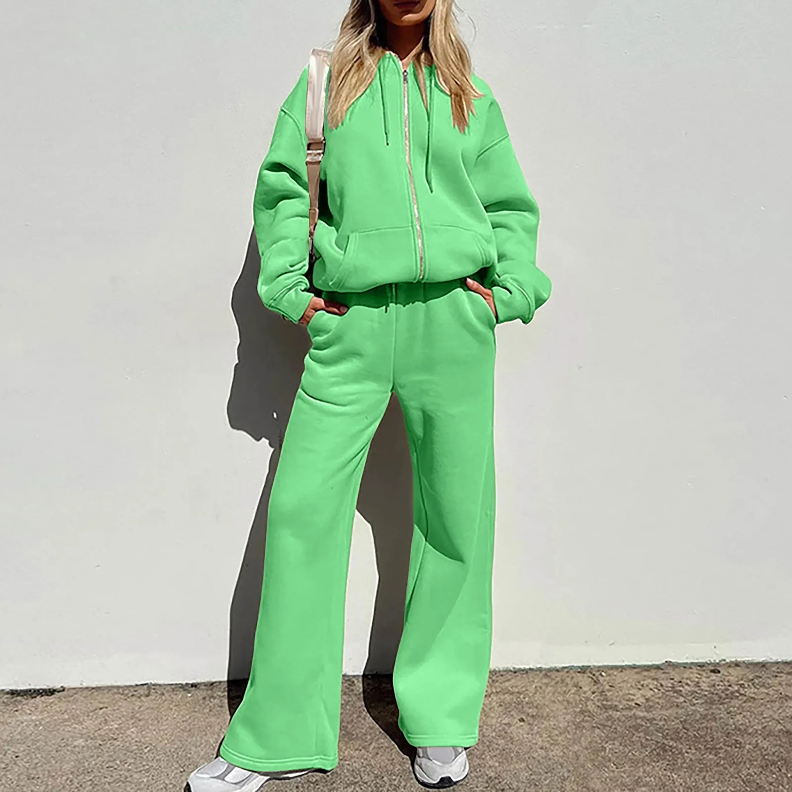 

Solid Color Zipper Hooded 2 Piece Outfits Loose Comfortable Oversized Set Women Spring Autumn Female Tracksuit Streetwear
