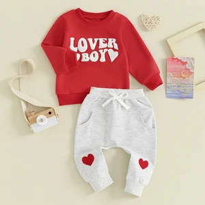 2023-11-07 Lioraitiin Toddler Baby Boy Valentine's Day Outfits Letter Embroidery Long Sleeve Sweatshirt and Elastic Pant Clothes