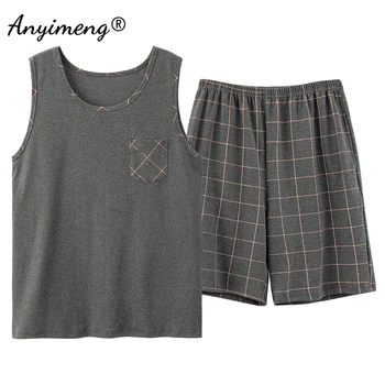 موضة بيجامة مجموعة الرجال الصيف السراويل منقوشة أسفل سترة دون أكمام قطعتين الرجال ملابس نوم رياضية التطريز شارة كول منامة 5