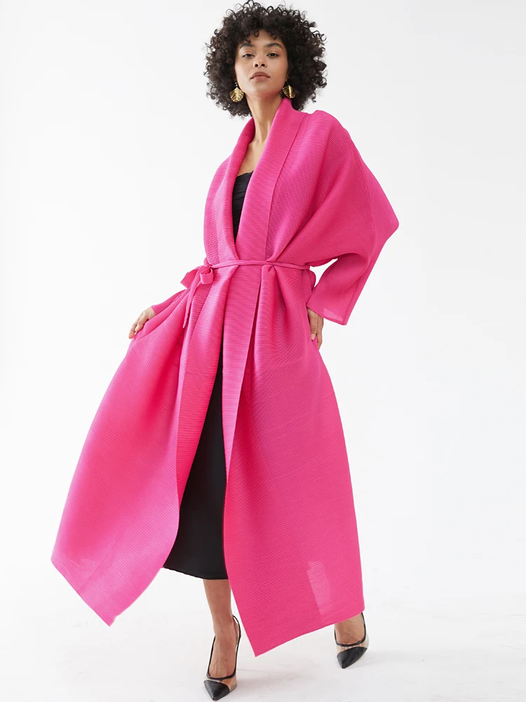 Miyake Pleated Cardigan Long Sleeves Trench Coats With Belt Women 2023 Summer Luxury Designer Dubai Fashion Plus Size Clothes miyake pleated woolen two piece shawl cloak dress women 2023 summer new korean fashion casual elegant dubai designer clothes